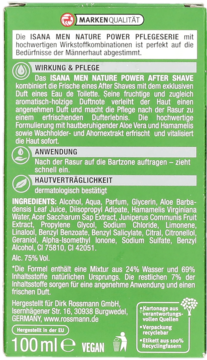 Tył zielonego opakowania ISANA MEN NATURE POWER After Shave 100ml z listą składników, opisem i ikonami.