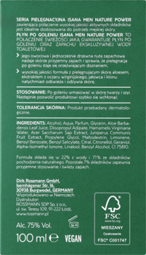 Isana Men Nature Power, tył ciemnozielonej butelki płynu po goleniu 100 ml z polskim opisem i listą składników.