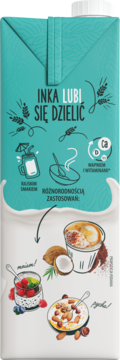 Inka roślinna alternatywa mleka o rajskim smaku. Turkusowy karton z grafikami dań, witamin i kokosa.