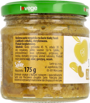 Tył szklanego słoika wegańskiej pasty Sante i love vege z białą fasolą, jabłkiem i cebulką, zielona nakrętka, 175g.
