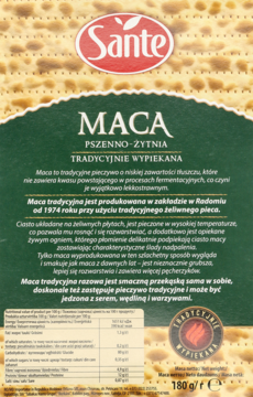 Front opakowania macy Sante pszenno-żytniej, tradycyjnie wypiekanej, z zieloną etykietą i logo.