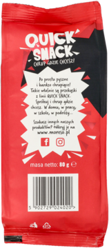Tył czerwonej torebki QUICK SNACK 80g z napisem 'CHRUP GDZIE CHCESZ!' i kodem kreskowym.
