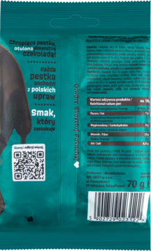 Tył opakowania QUICK CHOCO, pestek dyni w belgijskiej czekoladzie, z polskimi napisami, kodem QR i 70g.