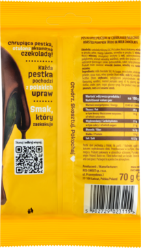 Tył żółtego opakowania Quick Choco: polskie prażone pestki dyni w czekoladzie. Widoczne wartości odżywcze, skład.