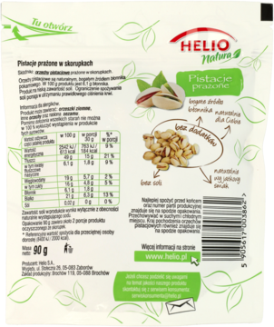 Tył białego opakowania prażonych pistacji HELIO Natura 90g z informacjami odżywczymi i kodem kreskowym.
