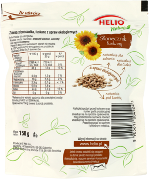 Tył białej torebki słonecznika łuskanego HELIO Natura 150g. Widoczne dane, kod kreskowy i info o ekologicznej uprawie.