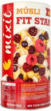 Müsli Fit Start Mixit w słoiku, z przodu widać płatki kukurydziane, owoce leśne i migdały.