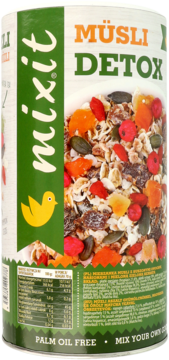 Müsli Detox Mixit w cylindrycznej tubie, zielony panel boczny z logo mixit, widok z przodu, widać ziarna i owoce.