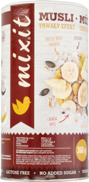 Białe opakowanie mixit Muesli z czerwonym logo, liofilizowane banany, kokos, orzechy nerkowca. Bez cukru.