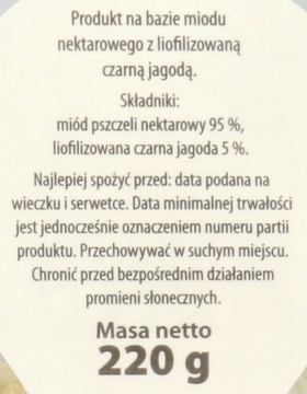 Tył opakowania miodu z liofilizowaną czarną jagodą, widok etykiety ze składem 95% miodu, 5% jagód i wagą 220g.