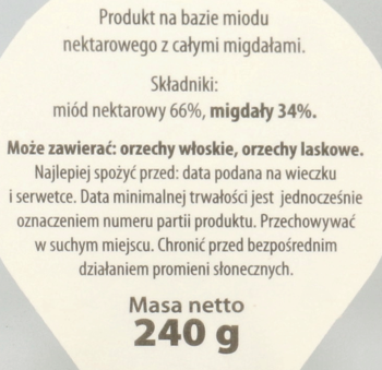 Etykieta Pszczelarz Kozacki Migdały w miodzie, skład: 66% miodu, 34% migdałów, masa netto 240 g.