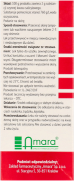 Biało-czerwone opakowanie Spirytusu salicylowego Amara, tył kartonu z informacjami o działaniu i użyciu.