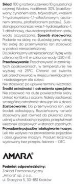 Instrukcja Wody utlenionej Amara 3% na skórę/do ust, szczegóły składu, użycia i ostrzeżeń na białym tle.