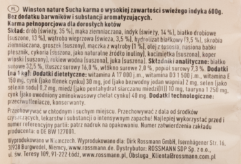 Etykieta karmy Winston Nature dla kotów: szczegółowy skład ze świeżym indykiem, bez zbóż i cukru, 400g.