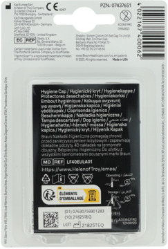 Tył czarnego opakowania jednorazowych kapturków Braun ThermoScan z opisem produktu i symbolami recyklingu.