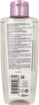 Tył przezroczystej butelki L'Oréal Hyaluron Specialist, nawilżający tonik 200ml, z fioletową nakrętką.