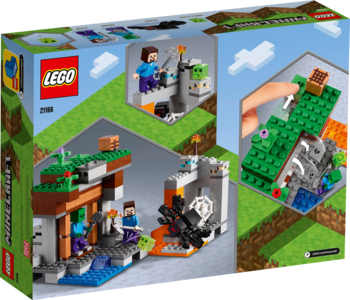 Tył pudełka Lego Minecraft Opuszczona kopalnia, z makietami jaskini i mechanizmem zrzutu żwiru.