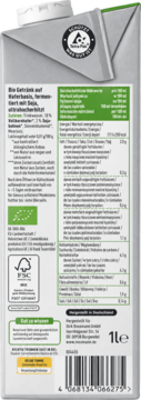 Tył opakowania napoju owsianego barista enerBiO 1L, ze szczegółowymi informacjami o składzie i wartościach odżywczych.