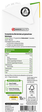 Biały karton enerBio Bezglutenowego napoju owsianego 1L, tył, widoczne składniki, tabela wartości odżywczych i certyfikaty.