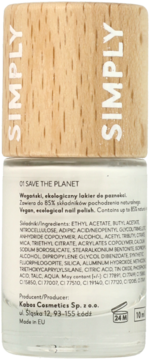 Tył butelki białego wegańskiego lakieru Simply Save the Planet z drewnianą nakrętką, widoczne składniki.
