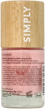 Różowy, ekologiczny lakier do paznokci Simply 10 ml, tył butelki z drewnianą nakrętką i etykietą ze składem.