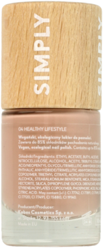 Tylna strona beżowego lakieru Simply 04 Healthy Lifestyle w butelce z drewnianą nakrętką, widoczny skład produktu.