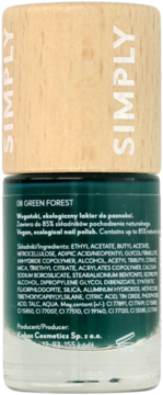 Tył ciemnozielonego, ekologicznego lakieru Simply Green Forest z drewnianą zakrętką, widoczne składniki.
