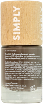 Wegański lakier do paznokci Simply II AM Vegan w ciemnym brązie, butelka z drewnianą nakrętką, tył z etykietą.