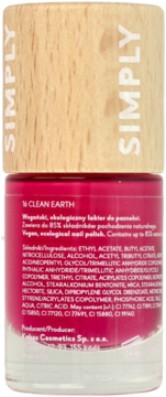 Tył różowego lakieru SIMPLY CLEAN EARTH, butelka z drewnianą nakrętką. Widoczne składniki, opis wegański.