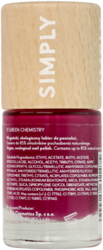 Simply Green Chemistry wegański lakier do paznokci w butelce, tył, magenta, z drewnianą nakrętką i opisem.