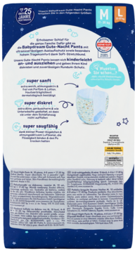 Super chłonne pieluchomajtki na noc Babydream L (17-30 kg), tył opakowania z widocznym wzorem w gwiazdki.