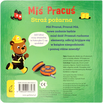 Tylna okładka interaktywnej książki "Miś Pracuś Straż pożarna" z biegnącym misiem i opisem ruchomych elementów.