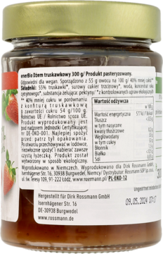Tył słoika enerBio dżem truskawkowy, biała etykieta z polskim tekstem i danymi producenta Rossmann.