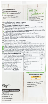 Tył zielono-białego opakowania enerBiO, granulat wegański z białka fasoli i jackfruit, 75g, z tabelą wartości odżywczych.