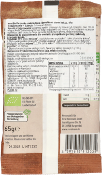 Tył brązowego opakowania enerBio Owsianka czekoladowa 65g. Widoczne informacje odżywcze, bio logo i kod EAN.