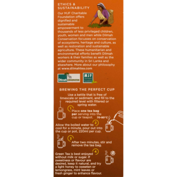 Tył opakowania herbaty Dilmah, panel z etyką, zrównoważonym rozwojem i instrukcją parzenia zielonej herbaty.