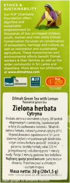 Tył opakowania herbaty Dilmah Zielona Cytryna, z opisem etyki i zrównoważonego rozwoju oraz danymi produktu.