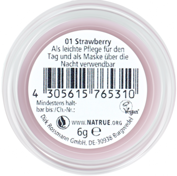 Spód okrągłej maski do ust Alterra Day'n'Night Strawberry, przezroczyste opakowanie z różowym kremem, widoczny kod kreskowy.