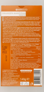 Tył opakowania czekolady Orangen-Marzipan Zartbitter, z tabelą wartości odżywczych i składników.