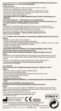 Tył białego opakowania płynu do soczewek Bausch & Lomb. Widać tekst o Hydranate do usuwania białek.