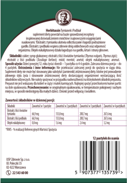 Tył zielonego opakowania Herbitussin Tymianek i Podbiał, 52 pastylki do ssania, z listą składników i kodem kreskowym.