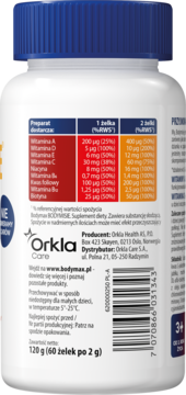 Tył białej butelki multiwitamin Bodymax Bodymisie, z niebieską nakrętką i tabelą składników odżywczych.
