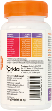 Tył białego opakowania Bodymax Bodymisie multiwitamina w żelkach z pomarańczową nakrętką, widoczna tabela odżywcza i kod kreskowy.