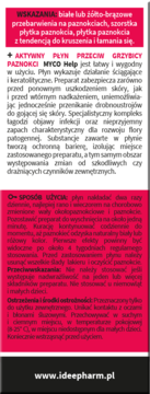 Etykieta produktu MYCO Help – płynu przeciw grzybicy paznokci. Różowe tło, biały tekst z opisem i użyciem.