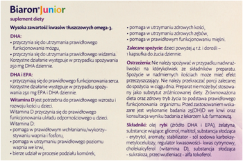 Biaron Junior, suplement diety Omega-3 i witaminą D dla dzieci, widok z przodu opakowania w bieli i błękitach.
