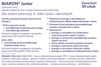 Biaron Junior, suplement diety z Omega-3 i Witaminą D, białe opakowanie 30 kapsułek dla dzieci i dorosłych.