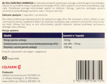 Tył jasnobeżowego opakowania Be Slim Garcinia Cambogia 60 kapsułek, ze szczegółowym składem, opisem i barcode.