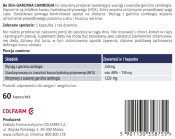 Tył opakowania suplementu Be Slim Garcinia Cambogia 60 kapsułek, składniki i dawkowanie, logo COLFARM.