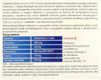 Tył opakowania suplementu Diosmina 500 Complex: tabela składników aktywnych i dane producenta Colfarm.