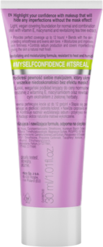 Tył fioletowo-różowej tubki podkładu kryjącego It's Real Cover 30ml z angielskim i polskim opisem.